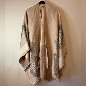 Cozy Beige, Pink, and Gray Patterned Split-Front Poncho - One Size